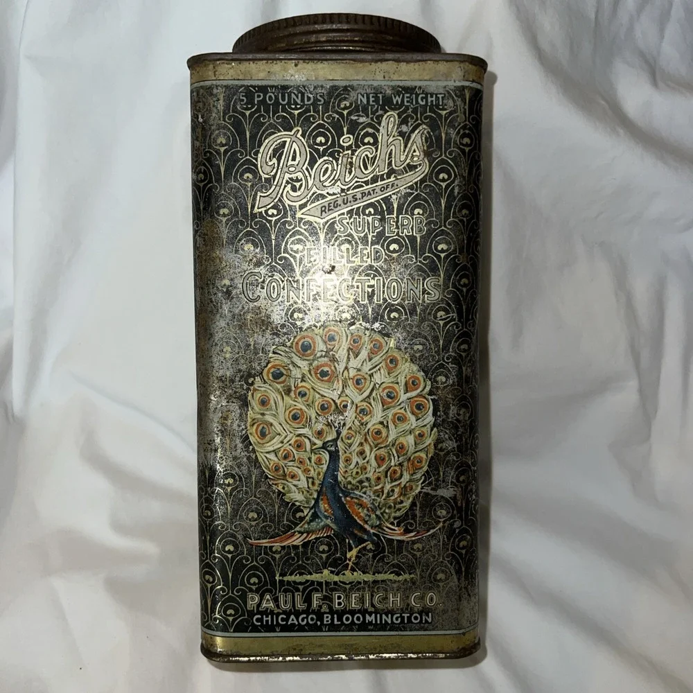 Vintage Metal Antique Advertising Tin Beichs Candy Confections Chicago peacock